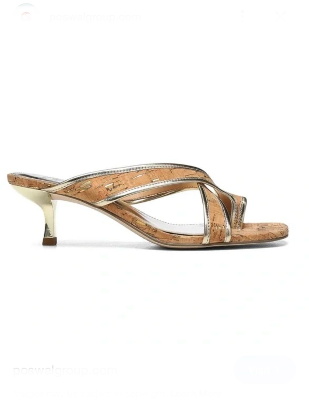Donald J. Pliner Tan and Gold Sparkle Cork Kitten Heel Slip On Sandals